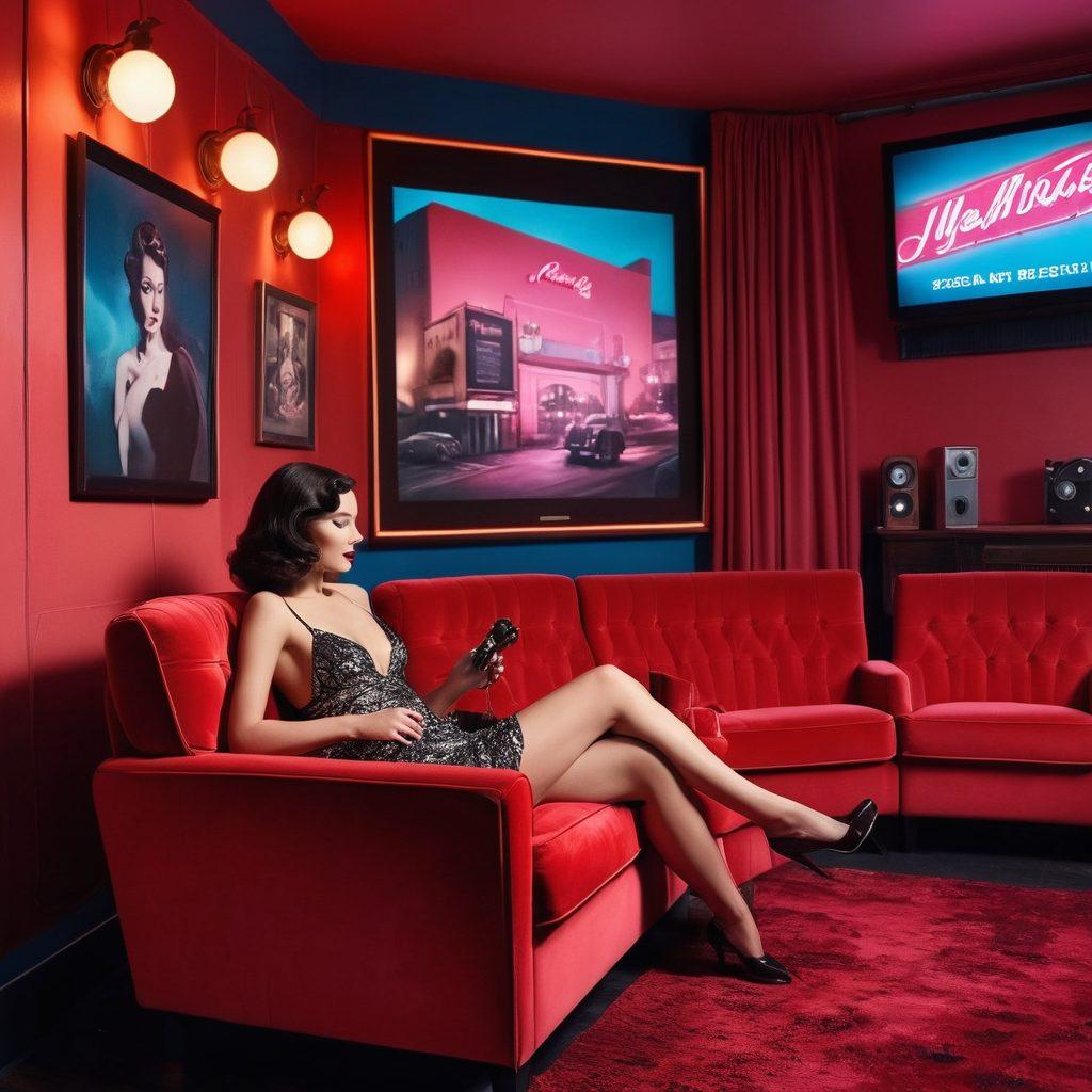 A captivating collage of diverse adult entertainment scenes, blending elements such as a stylish vintage cinema, an artistic boudoir setting, and digital abstract representations of pleasure and intimacy. Include silhouettes and vibrant colors to convey allure and exploration, while maintaining a respectful tone. Surround everything with softly blurred neon lights for a modern touch. super-realistic. vibrant colors. cinematic style.