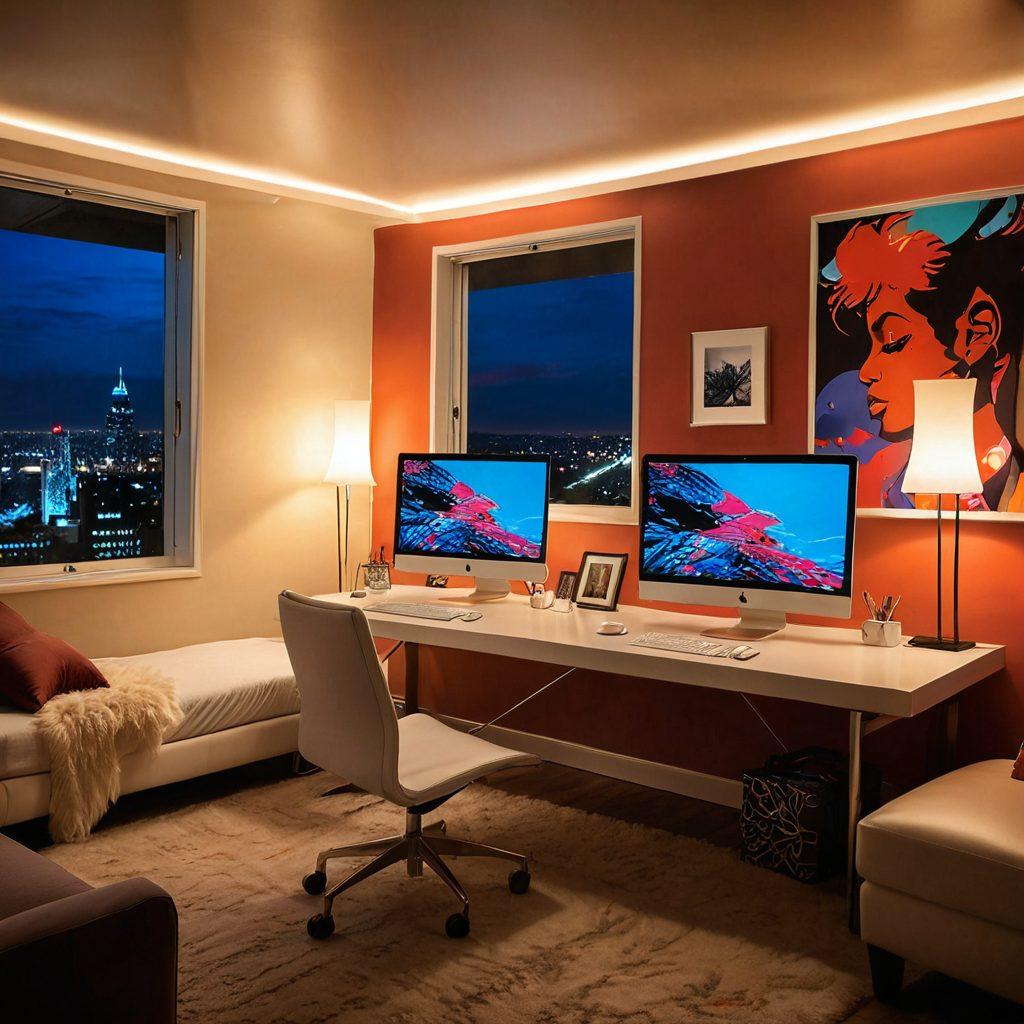 A sleek, modern workspace with a computer displaying a vibrant, abstract representation of adult entertainment themes, balanced between playful and sensual elements. Include silhouettes of diverse couples in playful poses, with soft, warm lighting casting a romantic glow. Subtle hints of technology, like digital screens and devices, suggest an online connection to this spectrum. Incorporate elements like feathered beds and tasteful decorations for allure while maintaining elegance. super-realistic. warm tones. modern aesthetic.